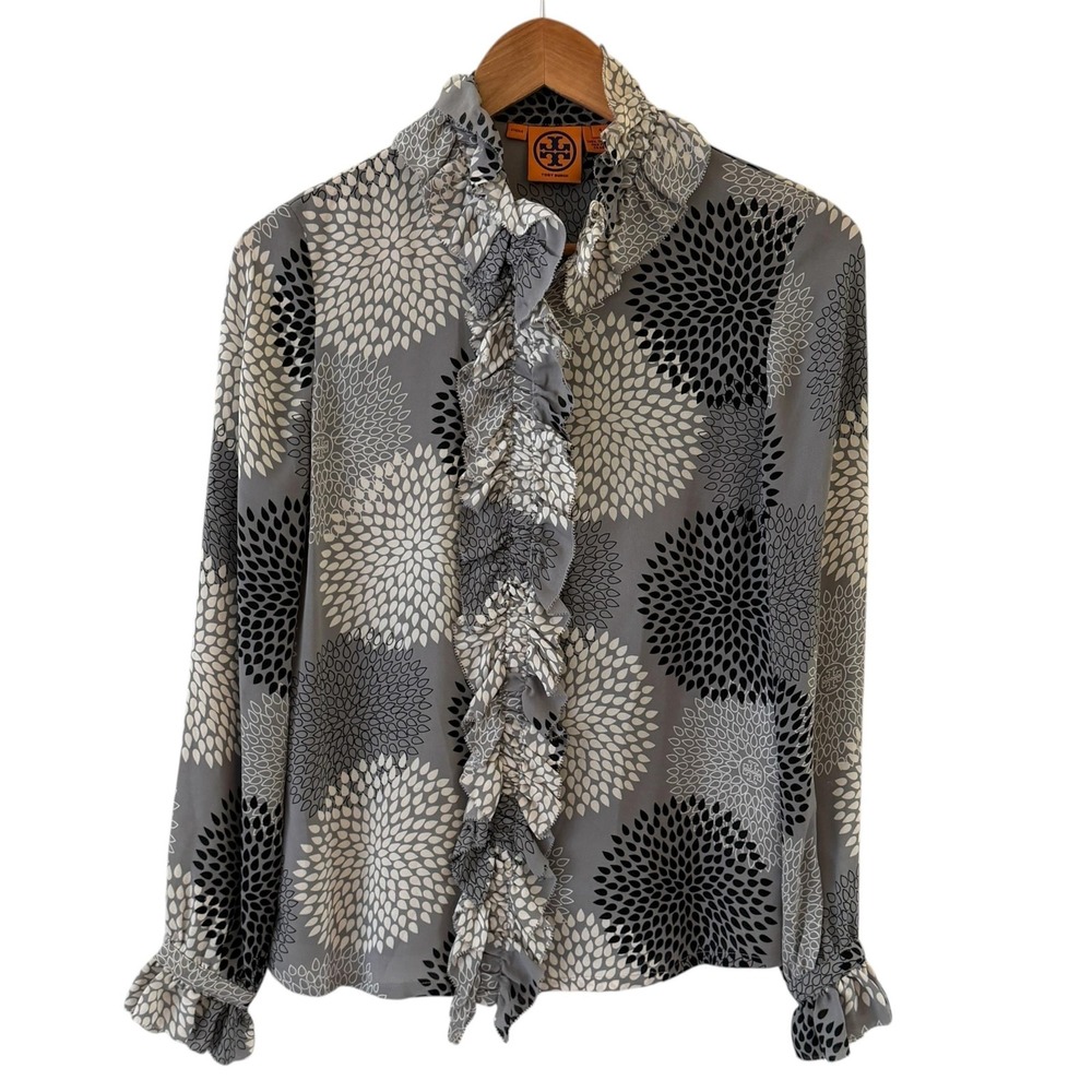 Tory Burch Silk Ruffle Blouse Top Womens 4 Gray Floral High Neck Office